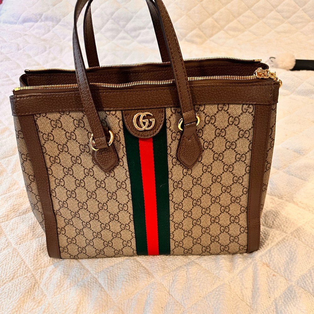 Gucci Beige and Brown Tote with Green and Red Stripe
